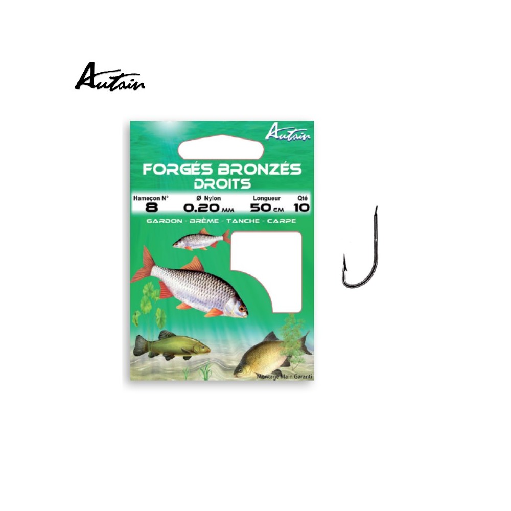 Carnet Hameçons Montés lot de 10 Forgés Bronzés Droits 20/10 AUTAIN