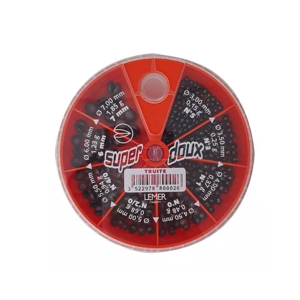 Boite de Plombs 8 Cases Truite N°7mm-6mm-4/0-2/0-0-1-3-5mm AUTAIN