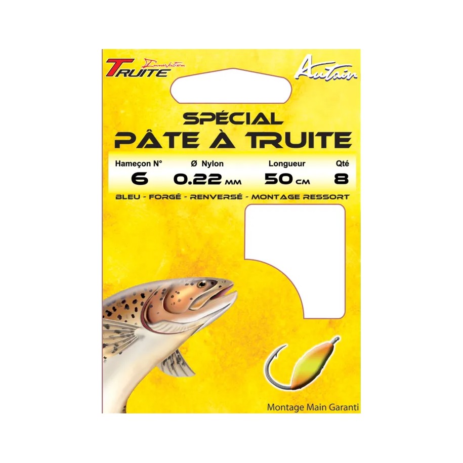 Carnet de 8 Hameçons Montés Truite Spécial Pate à Truite 6/22  BDL 50 cm AUTAIN