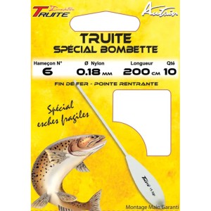 Carnet de 10 Hameçons Montés Truite Spécial Bombette 8/20 BDL 200cm AUTAIN
