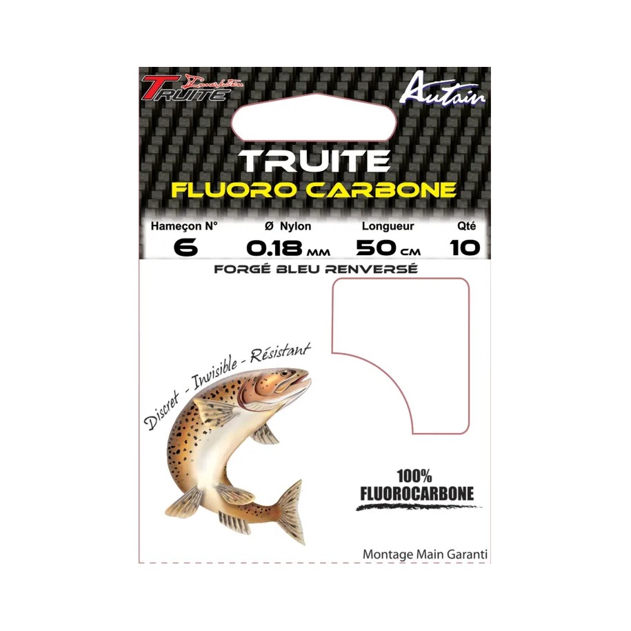 Carnet de 10 Hameçons Montés Truite Fluoro 9335BL 10/18 BDL 50 cm AUTAIN
