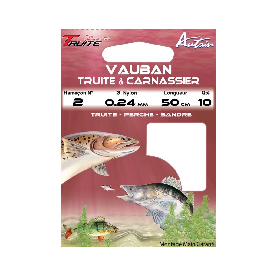 Carnet de 10 Hameçons Truite et Carnassiers Montés Vauban 6/22 BDL 50cm AUTAIN