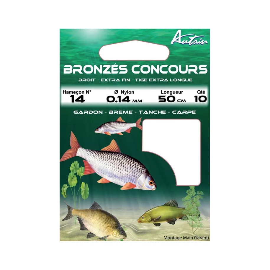 Carnet de 10 Hameçons Montés Bronzés Concours 20/8 BDL 50cm AUTAIN