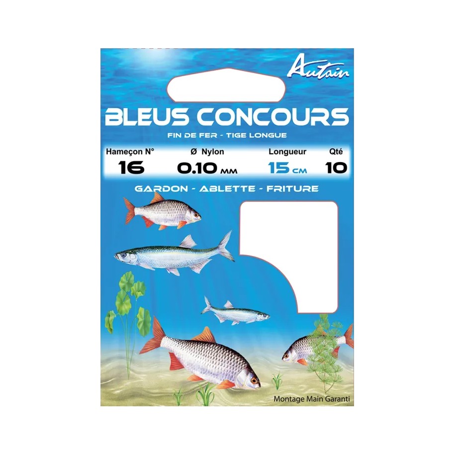 Carnet de 10 Hameçons Montés Bleus Concours 16/12 BDL 15cm AUTAIN