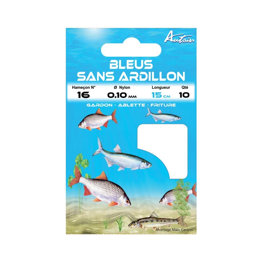 Carnet de 10 Hameçons Montés Bleus Sans Ardillon 20/8 BDL 15cm AUTAIN